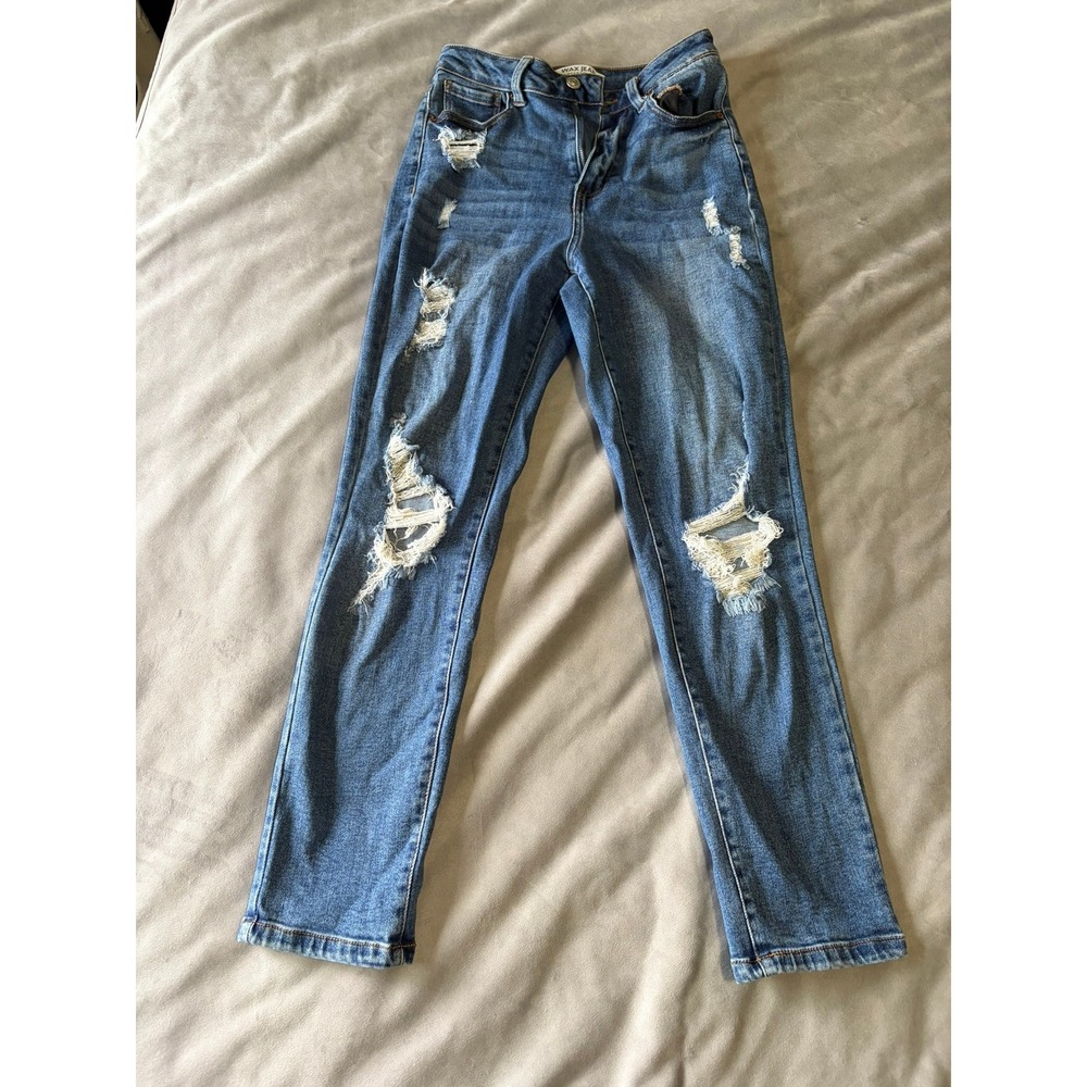 Wax Jean Collection Distressed Skinny Jeans Medium Wash Ripped Denim Size 1/25